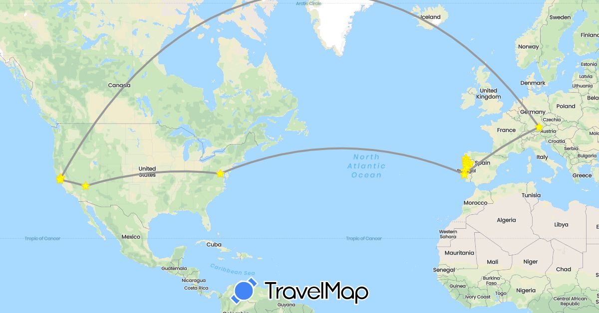 TravelMap itinerary: driving, bus, plane, train in Germany, Spain, Portugal, United States (Europe, North America)